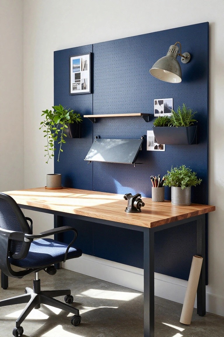 Home office with navy blue pegboard wall holding shelves, plants, file holder, wooden desk, mesh chair, and desk items.