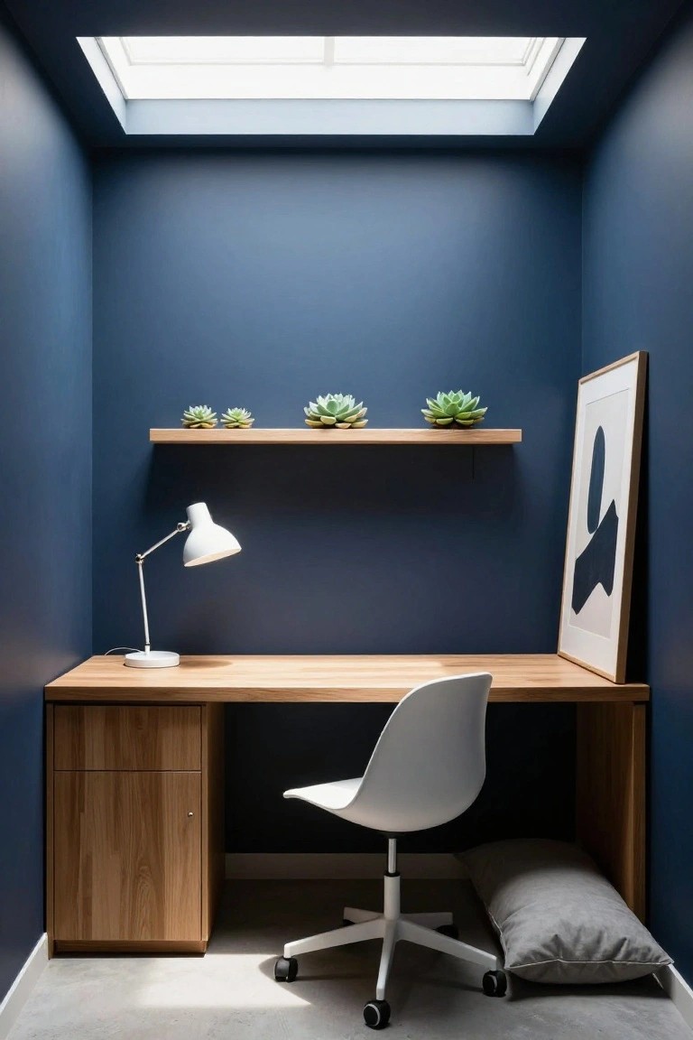 A small home office with dark navy blue walls, a built-in wooden desk, white molded plastic chair on casters, adjustable white desk lamp, floating wooden shelves holding three potted succulents, tall framed abstract black artwork, gray floor cushion under desk, and skylight overhead on polished concrete floor.
