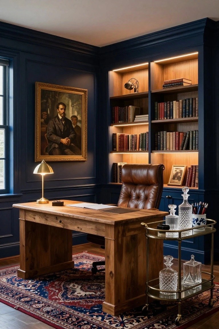 Navy blue paneled home office with built-in wooden bookshelves featuring LED strip lighting, rustic wooden desk, brown leather desk chair, brass lamp, crystal decanters on a gold bar cart, and patterned rug.