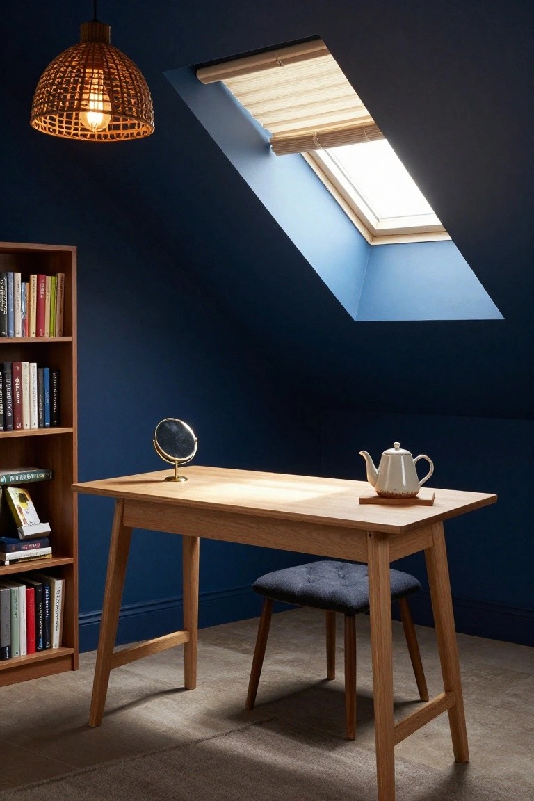 Navy blue home office with oak desk and stool, wooden bookshelf, rattan pendant light, skylight, white teapot on tray, and gold vanity mirror.