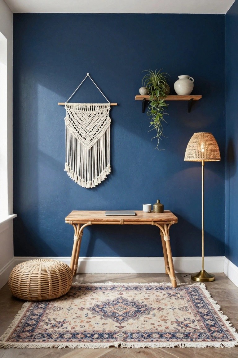 Navy blue wall in a small indoor office nook with rattan console desk holding laptop, woven pouf stool, white macrame wall hanging, wooden shelf holding potted plants and ceramics, rattan floor lamp, and cream Persian rug on wood floor.