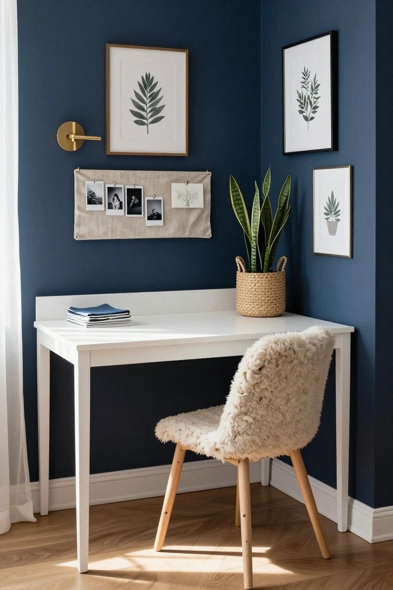 Corner home office with navy blue walls, white desk topped with stacked blue books, fluffy white chair, snake plant in woven basket on desk, beige bulletin board with photos, and framed leaf prints nearby.