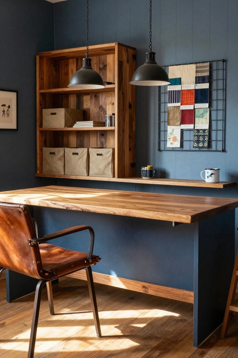 Home office corner with navy blue paneled walls, wooden open shelving stocked with bins and books, a large live-edge wooden desk, orange leather chair, two black pendant lights, and a wall-mounted grid displaying fabric swatches.