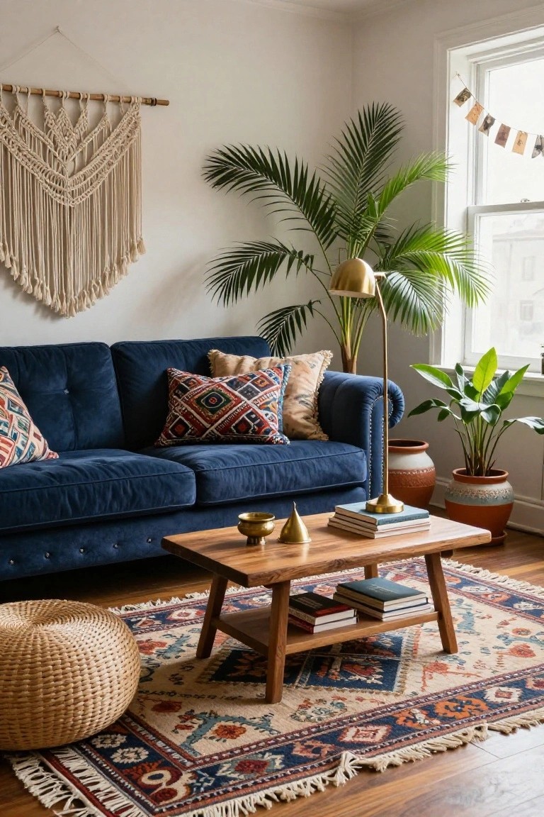 Living room with navy blue velvet sofa accented by patterned pillows, macrame wall hanging, potted plants including palms and a peace lily, wooden coffee table with books, gold lamp, woven pouf, and patterned rug on hardwood floor.