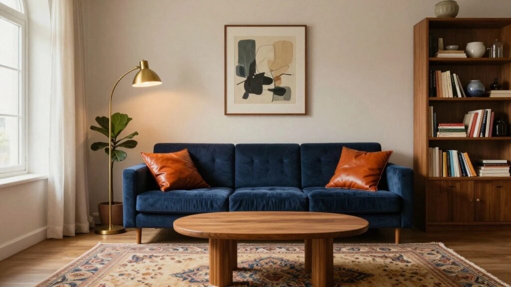 Living room with navy blue velvet tufted sofa, oval wooden coffee table, wooden credenza and bookshelves, brass floor lamp, fiddle leaf fig plant, abstract black and white artwork, beige curtains on arched window, and beige patterned rug.