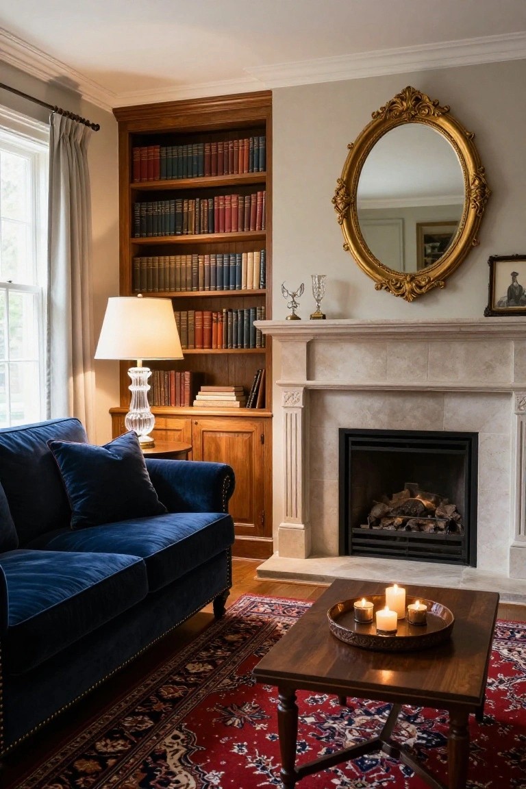 Living room corner with navy blue velvet sofa facing a lit stone fireplace, wooden bookshelves on one side filled with books, gold-framed mirror on wall, lamp on side table, and wooden coffee table holding candles on Persian rug.