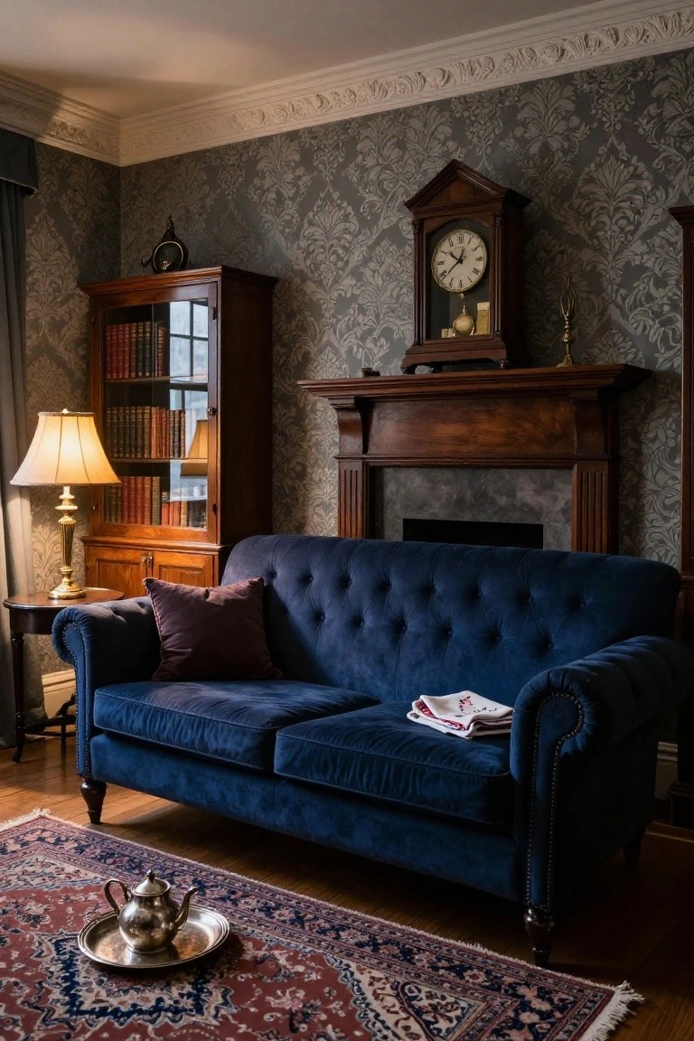 Living room with navy blue tufted velvet sofa on Persian rug, purple pillow and magazines on seat, silver teapot on tray nearby, brass lamp and wooden bookcase to the side, gray damask wallpaper, wooden fireplace, and tall clock.