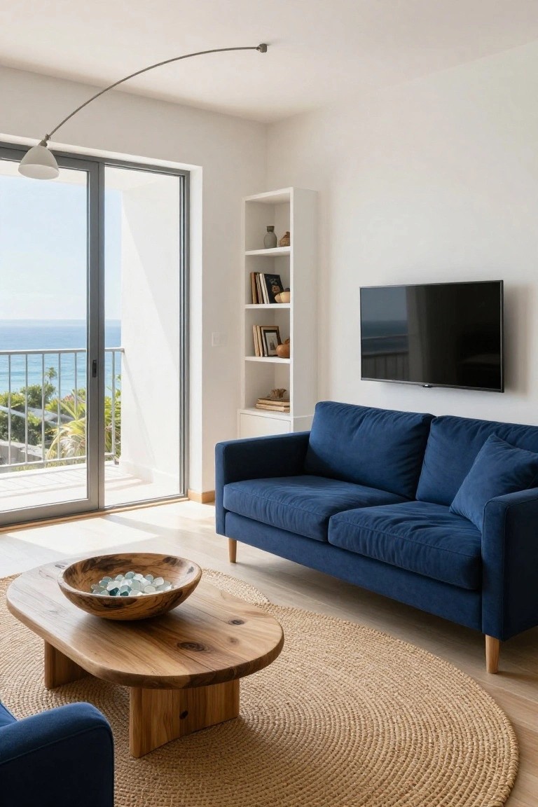 Living room with navy blue upholstered sofa, wooden oval coffee table holding a wooden bowl with glass stones, white bookshelves, wall-mounted TV, and sliding glass doors to balcony overlooking ocean and palm trees.