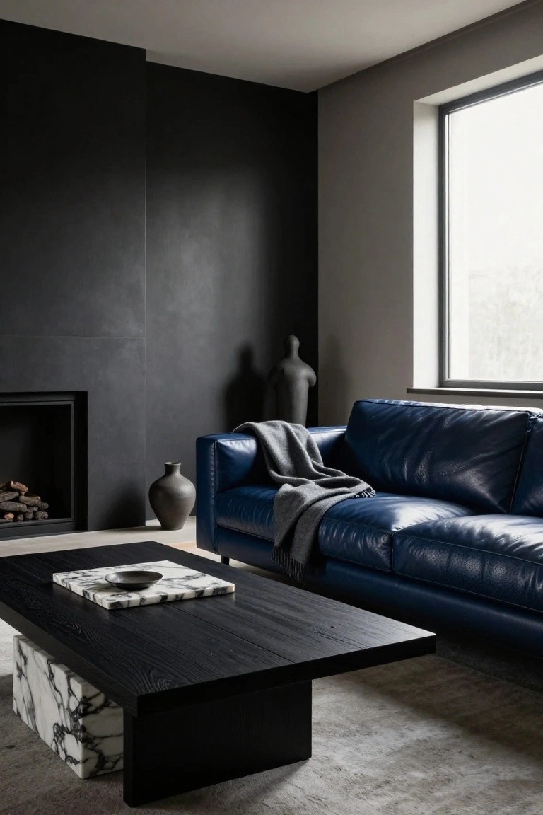 Modern living room with navy blue leather sofa draped in gray throw, black wood coffee table on white marble base, dark textured walls, fireplace with logs, black ceramic vases, and large window.