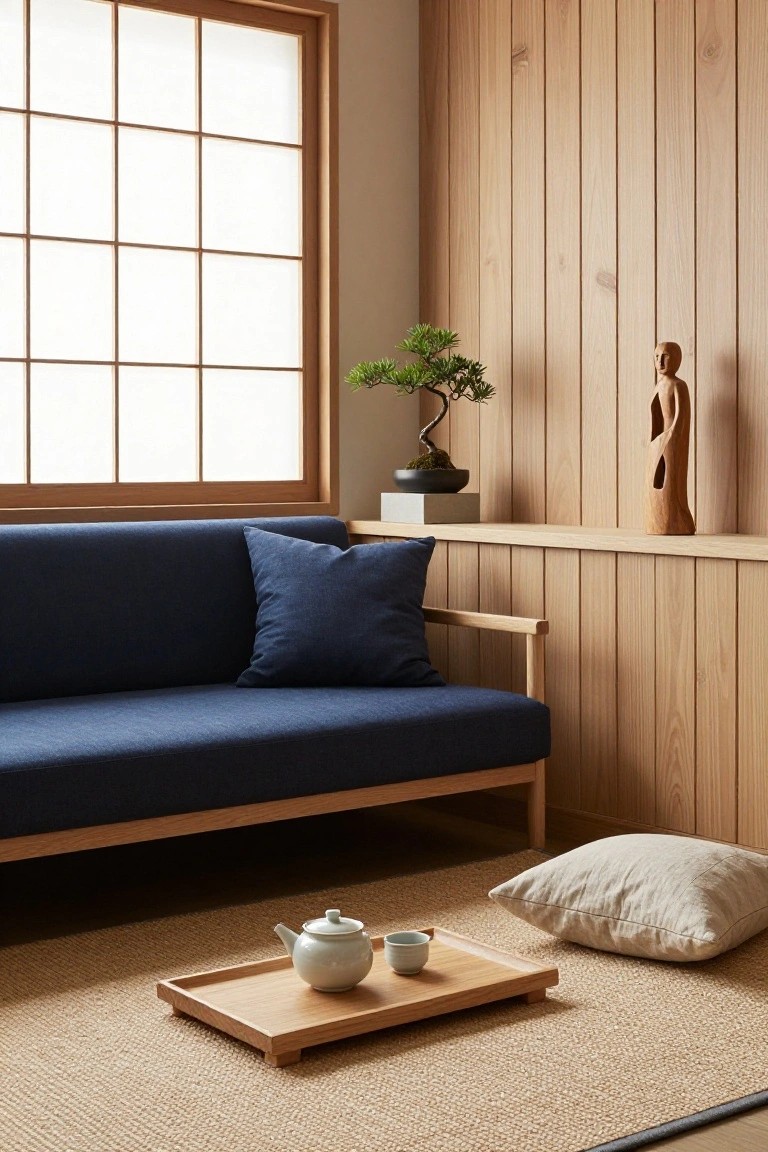 Navy blue sofa with cushions in a room featuring light wood paneling, shoji windows, bonsai plant on shelf, wooden sculpture, and wooden tray with teapot and cup on seagrass rug.