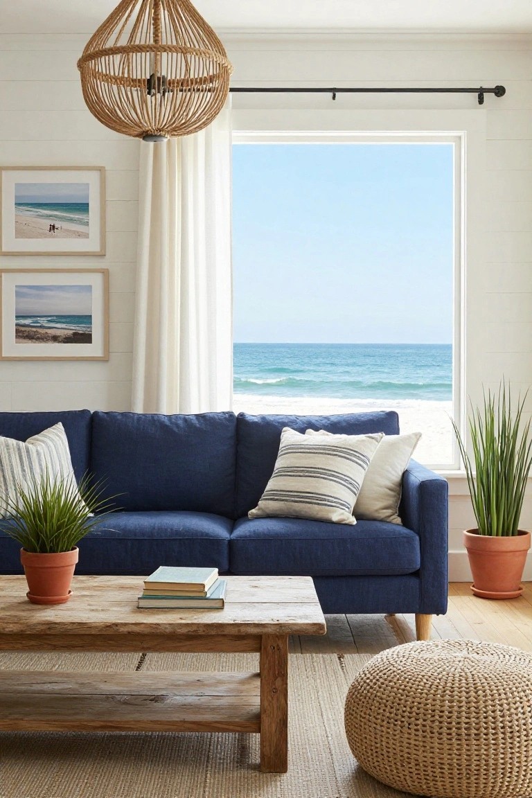 Coastal living room with blue sofa, ocean view, woven pendant light, and wooden coffee table.