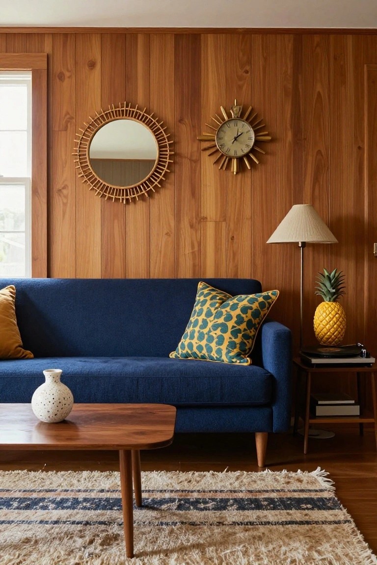Living room interior with navy blue mid-century sofa against vertical wood-paneled walls, rattan sun mirror, gold sunburst clock, lamp with yellow pineapple decoration beside turntable on side table, white textured vase on wooden coffee table, jute rug on wood floor.
