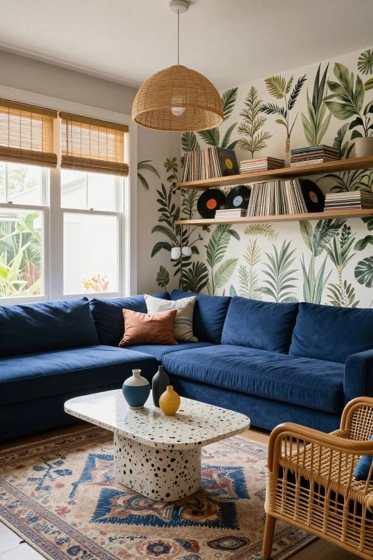 Living room with L-shaped navy blue velvet sofa against green tropical leaf wallpaper, wooden floating shelves holding vinyl records, speckled white pedestal coffee table with ceramic vases, rattan armchair, bamboo window blinds, and woven pendant light.