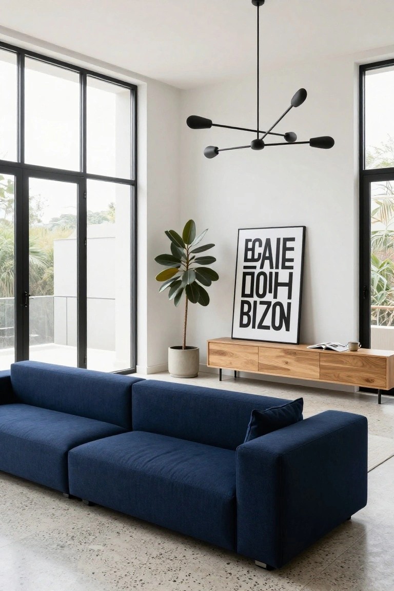 Modern living room with navy blue modular sofa, light wooden sideboard holding magazines and a cup, tall potted plant, large black-framed artwork on white wall, black metal chandelier, and floor-to-ceiling black-framed windows and doors overlooking greenery on polished concrete floor.