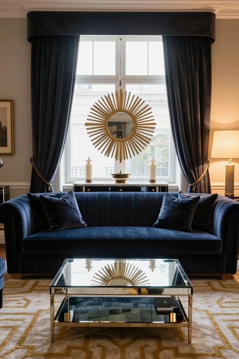 Living room with navy blue tufted velvet sofa, gold sunburst mirror on wall by window with dark velvet curtains, mirrored coffee table on patterned rug, console table with candles, and beige walls.