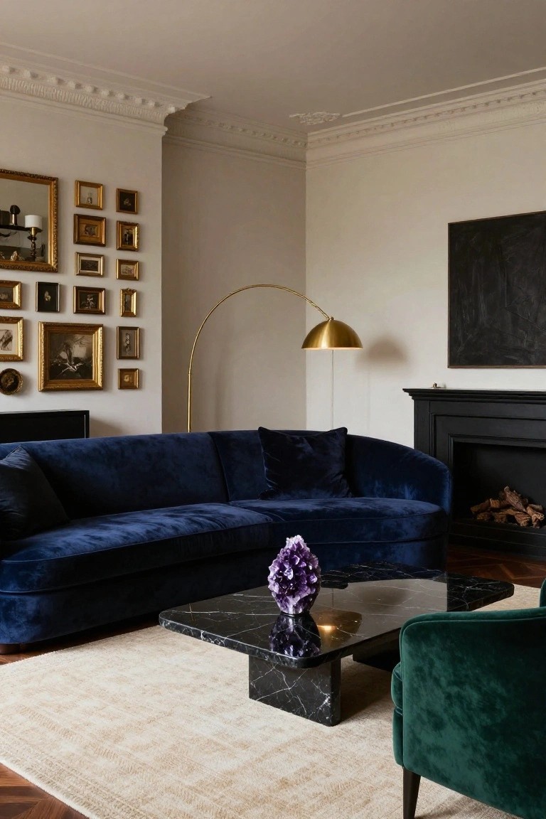Living room with curved navy blue velvet sofa facing black fireplace, black marble coffee table with purple amethyst crystal, green velvet armchair, gold arc floor lamp, and wall of gold-framed pictures.