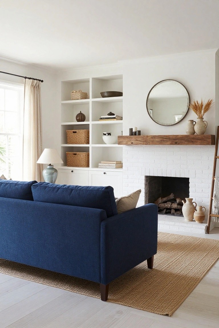 Living room with navy blue sofa facing white brick fireplace, flanked by white built-in shelving with baskets and ceramics, wood beam mantel, seagrass rug, and window with sheer curtains.