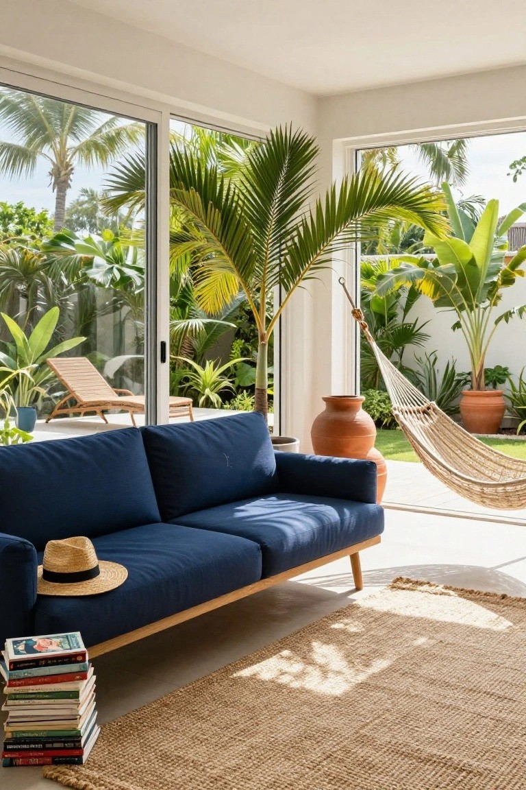 Navy blue sofa with wooden legs in a white living room featuring a stack of books, straw hat, beige seagrass rug, and large sliding glass doors opening to a tropical garden with palm trees, hammock, lounge chair, and terracotta pots.