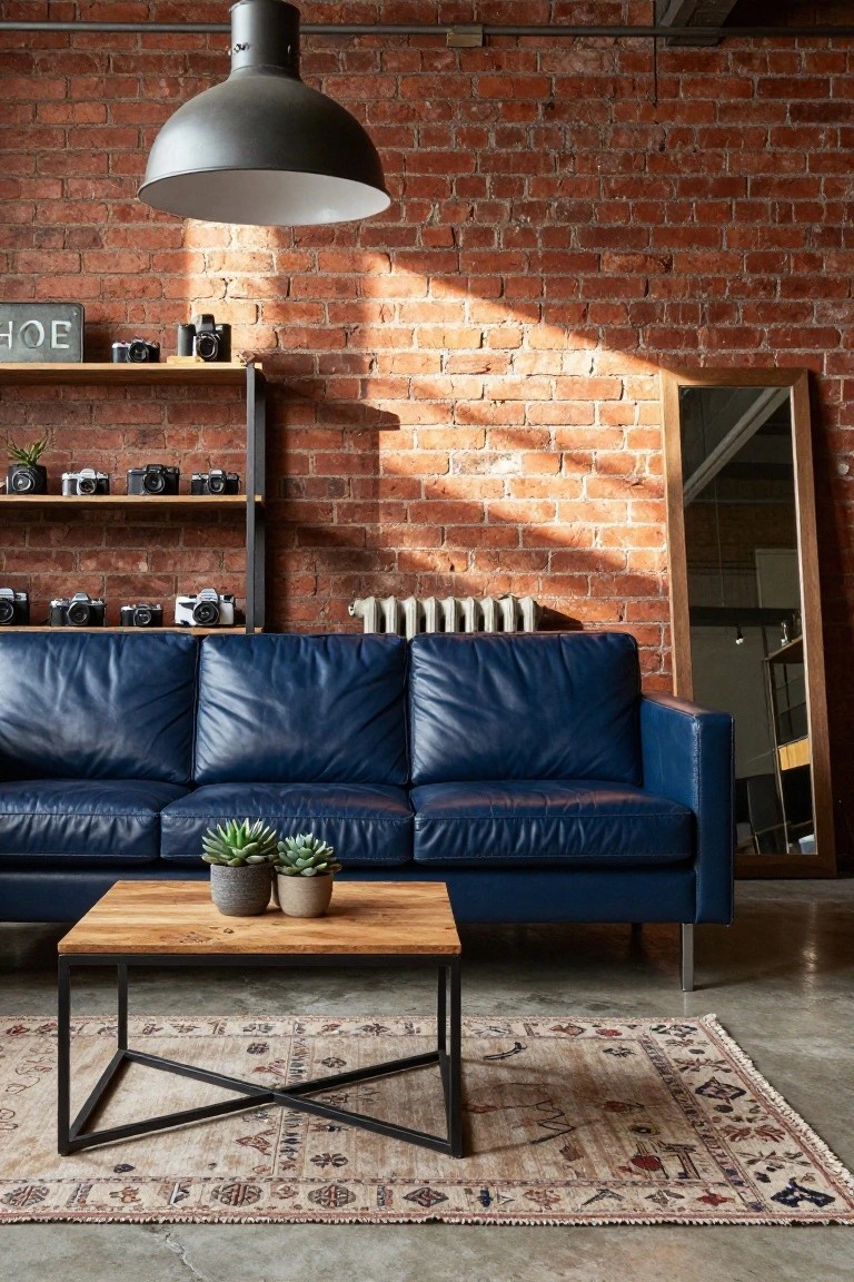 Navy blue leather three-seater sofa in an industrial living room with exposed brick walls, wooden shelves holding vintage cameras and plants, a wooden coffee table with two potted succulents, a patterned rug on concrete floor, and a large pendant light overhead.