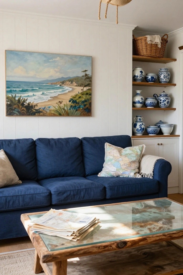 Living room with navy blue linen sofa on white shiplap walls, large painting of beach scene above sofa, wooden shelves holding blue and white ceramic vases and bowls, woven basket, and glass-top wooden coffee table with stacked newspapers.