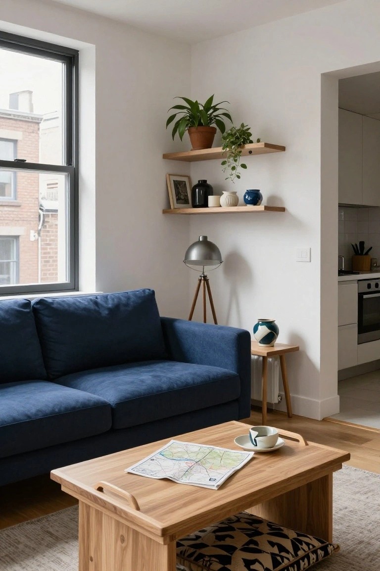 Living room with navy blue velvet sofa, low wooden coffee table holding a newspaper and teacup, floating wooden shelves displaying plants and ceramics, tripod floor lamp, and partial view of white kitchen.