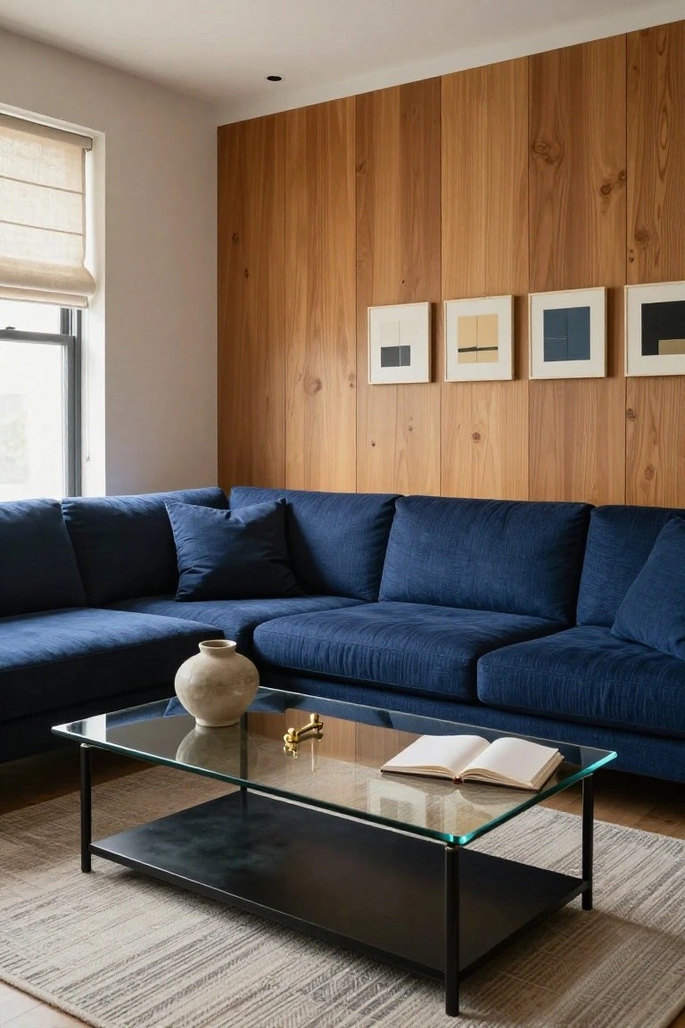 L-shaped navy blue velvet sofa in a living room corner against light vertical wood panel wall, with three framed abstract artworks, glass coffee table holding beige vase, gold object, and open book, on light gray rug.