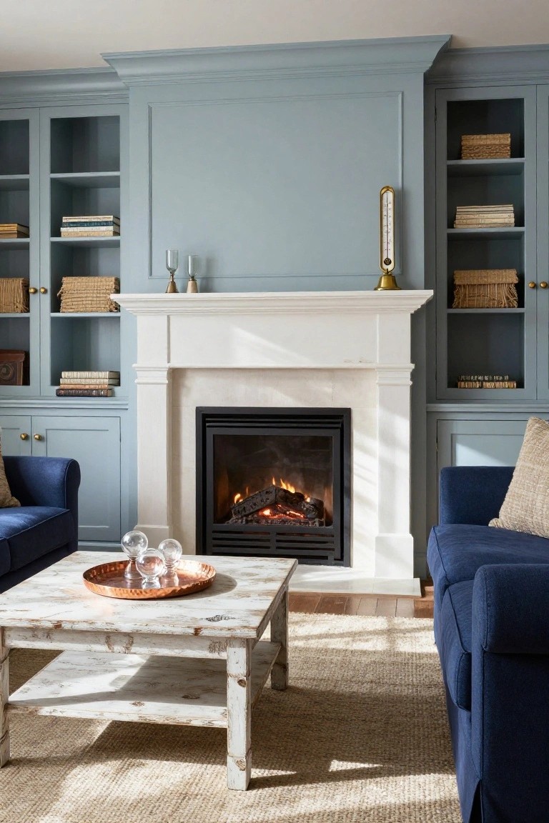 Living room with two navy blue velvet sofas flanking a rustic white coffee table, white marble fireplace with black insert and gas logs flanked by light blue built-in bookshelves and cabinets, seagrass rug on wood floor.