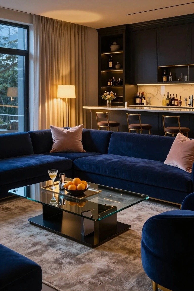 Living room interior with navy blue velvet L-shaped sofa and armchair, pink pillows, glass coffee table with oranges and cocktail glass, marble-top bar with brass stools, large window with greenery view, and floor lamp.