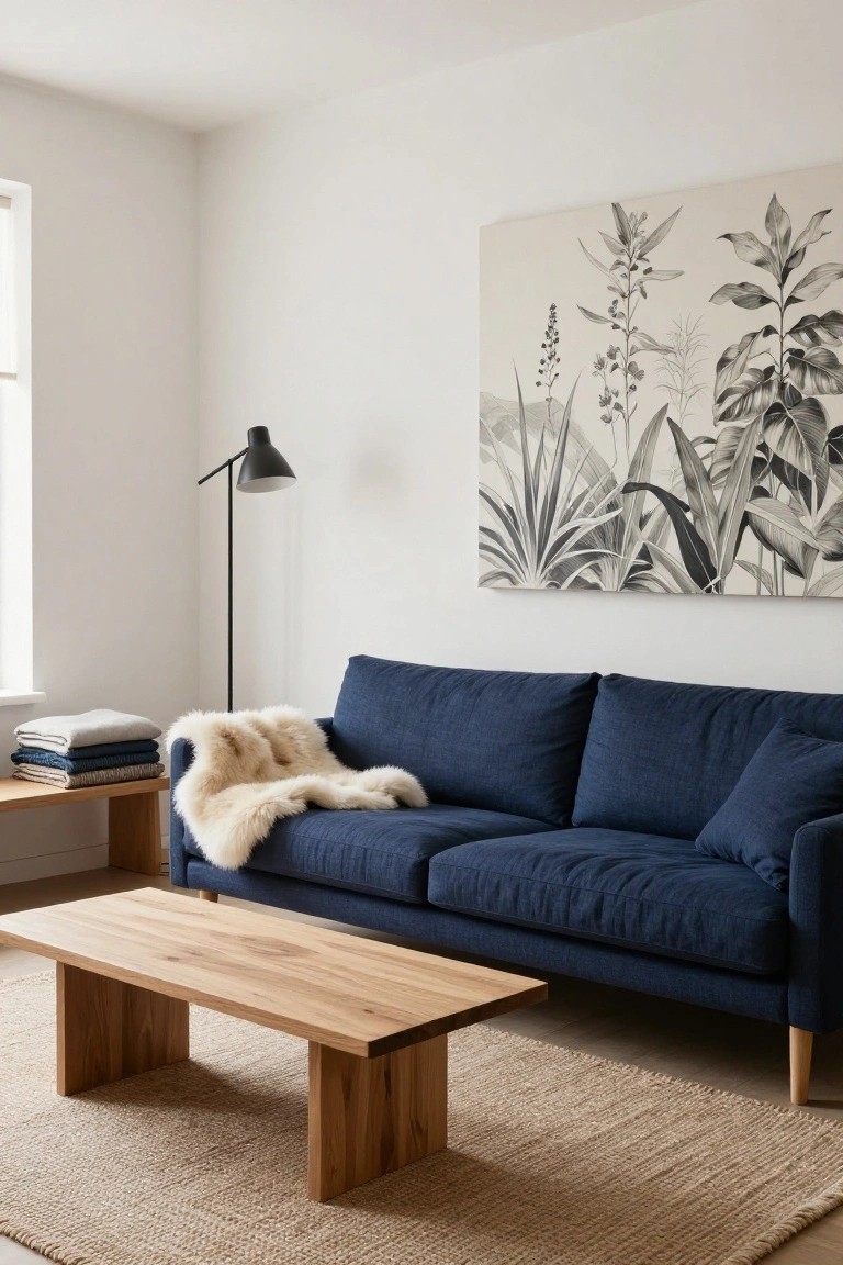 Living room with navy blue fabric sofa draped in white shearling throw, low oak coffee table, oak side table holding stacked blankets, black floor lamp, large botanical line art on white wall, seagrass rug, and window.