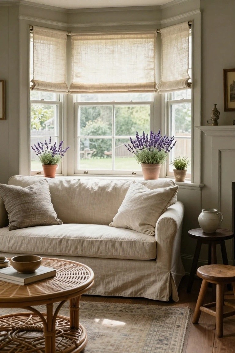 Bay window living room corner with beige slipcovered sofa, potted lavender plants on windowsills, rattan coffee table, wooden stools, and sheer roller shades in a pale gray room.