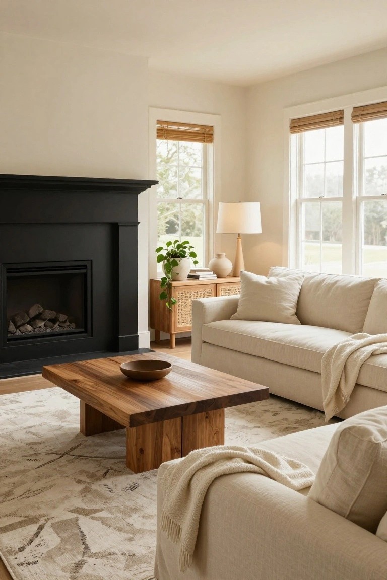Living room with creamy linen sectional sofa, low wooden coffee table holding a wooden bowl, black fireplace mantel with gas logs burning, rattan console table with plants and lamp, bamboo shades on large windows, and neutral rug on hardwood floor.