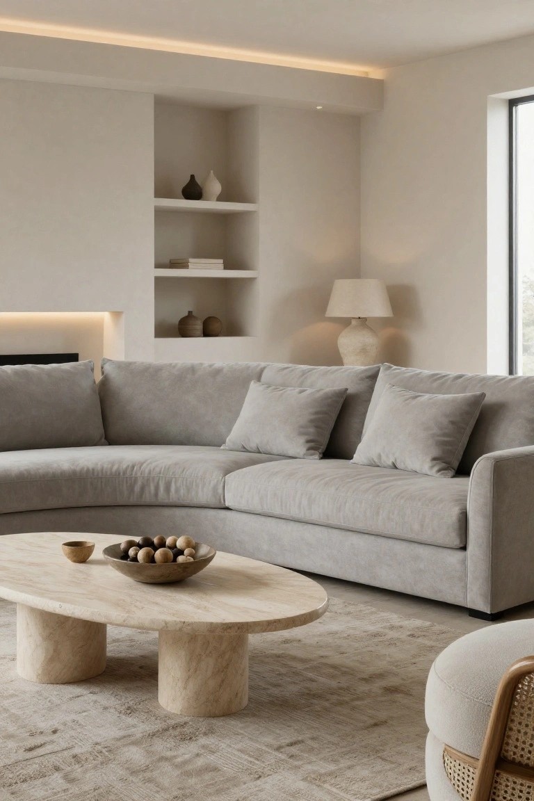 A light gray curved sofa sits in a minimalist living room with beige walls, a travertine oval coffee table topped with a wooden bowl of balls, a beige rug, rattan pouf, neutral shelves with ceramics and vases, a lamp, fireplace, and large window.