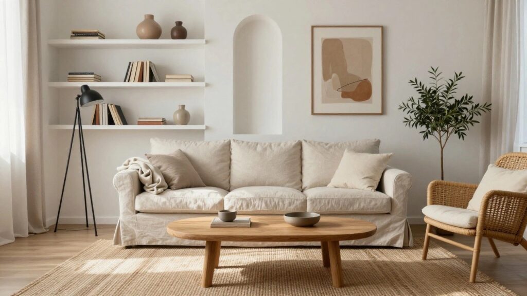23 Neutral Sofa Living Room Ideas for Soft Toned Interiors Light living room with cream slipcovered sofa, oval natural wood coffee table topped with books and mug, rattan chair, potted olive tree beside arched floor lamp, white arched shelving niche holding books and ceramic vases, sheer curtains on window, beige seagrass rug.