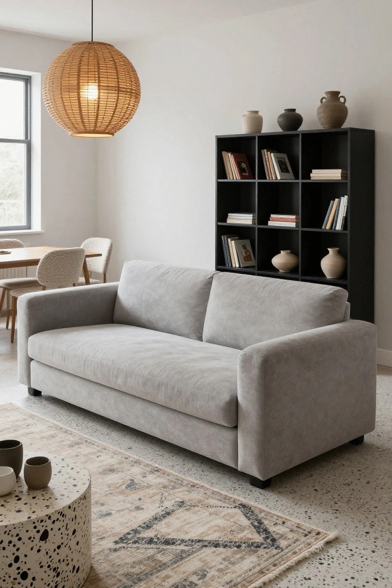 Light gray fabric sofa in a white-walled living room with black grid bookshelf holding books and ceramic vases, rattan pendant light, speckled coffee table, beige patterned rug, and small dining table visible through a window.
