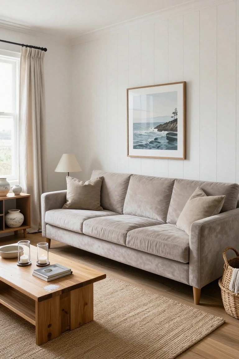 Light gray velvet three-seater sofa with throw pillows in a white shiplap-walled living room, featuring a wooden coffee table, seagrass rug, side table with ceramics, linen curtains, table lamp, and framed ocean photo on the wall.