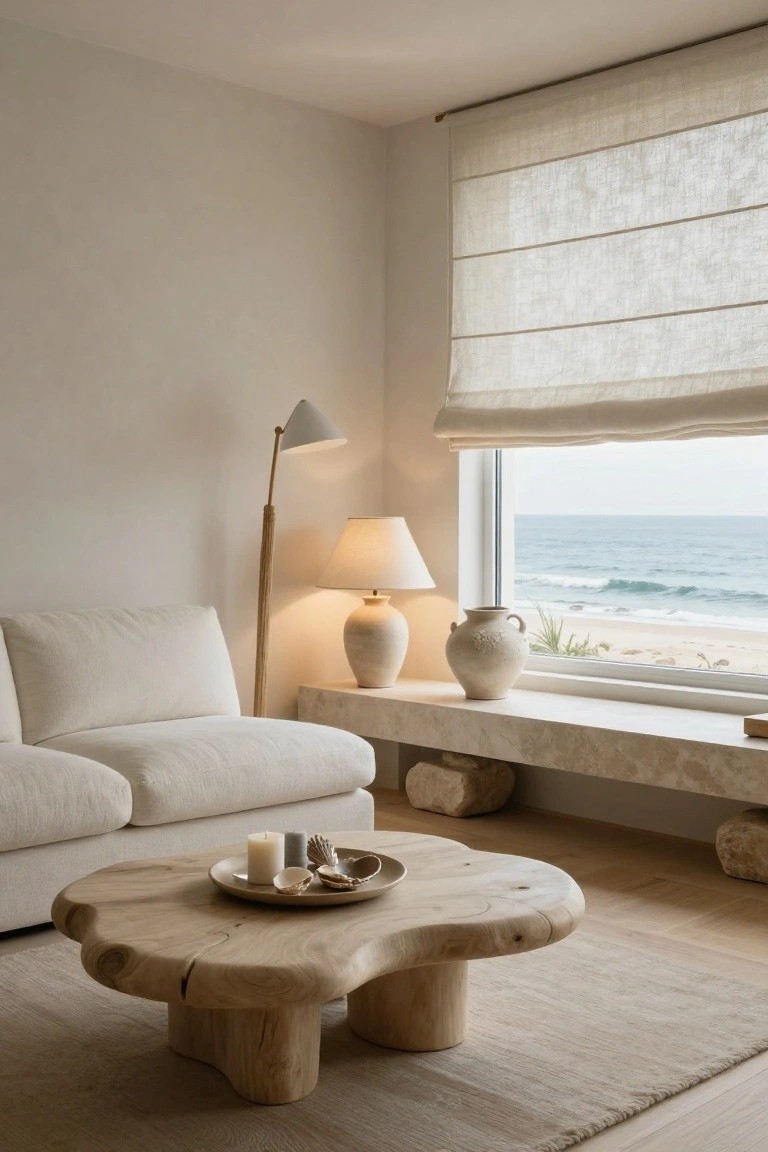 Light living room with cream modular sofa, large irregular-shaped wooden coffee table holding candles and shells, arc floor lamp, table lamps on a stone windowsill overlooking ocean waves and beach.