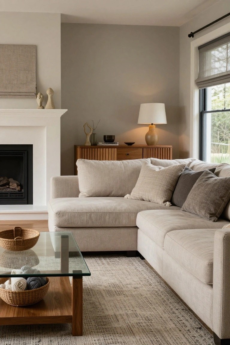 Light beige L-shaped sofa in a neutral living room corner next to a white fireplace mantel with logs burning, wooden sideboard with lamp, glass coffee table with yarn baskets, and shaded window.