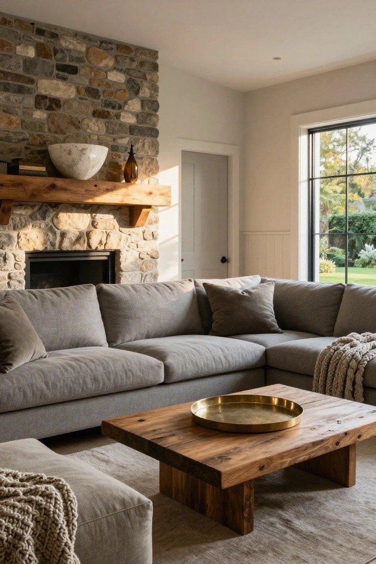 Living room with gray L-shaped sectional sofa, wooden coffee table holding brass tray, stone fireplace on textured wall, ottomans, throws, and large windows showing garden view.