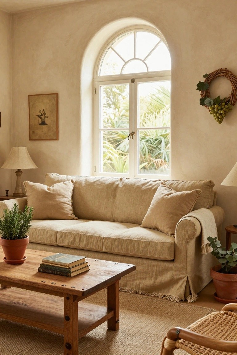Beige linen slipcovered sofa in a light beige living room with arched window showing greenery outside, wooden coffee table with stacked books, potted rosemary and eucalyptus plants, cream lamps, and rattan chair on seagrass rug.