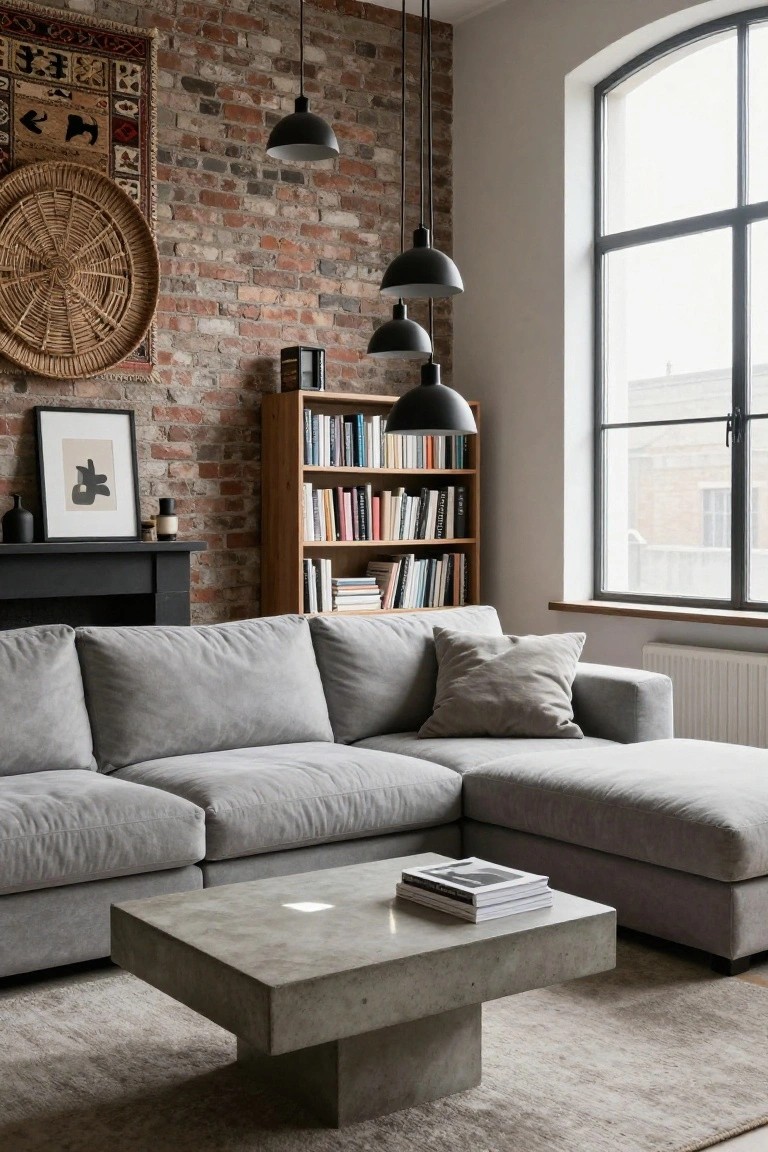 Living room with gray L-shaped sofa, exposed brick walls, wooden bookshelves filled with books, concrete coffee table, black pendant lights, and a large arched window.