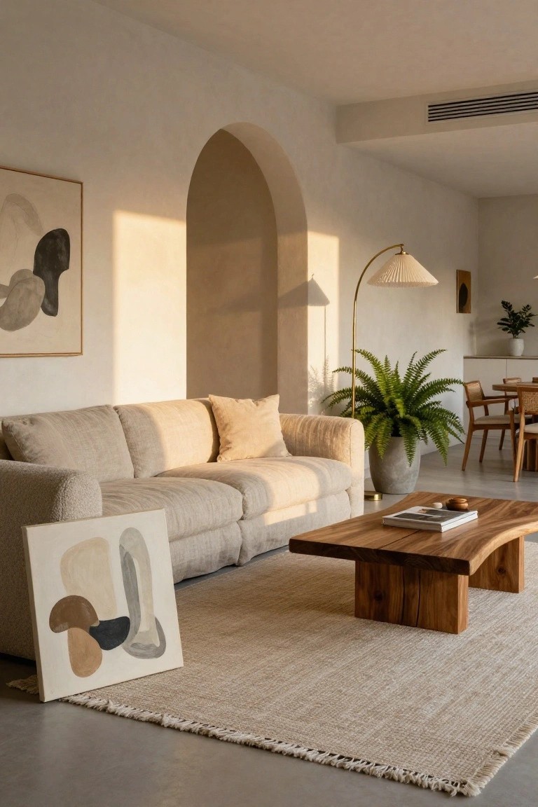 Beige textured sofa in a light living room with live-edge wood coffee table on a seagrass rug, large fern plant, abstract paintings leaning nearby, arched doorway, and arc lamp.