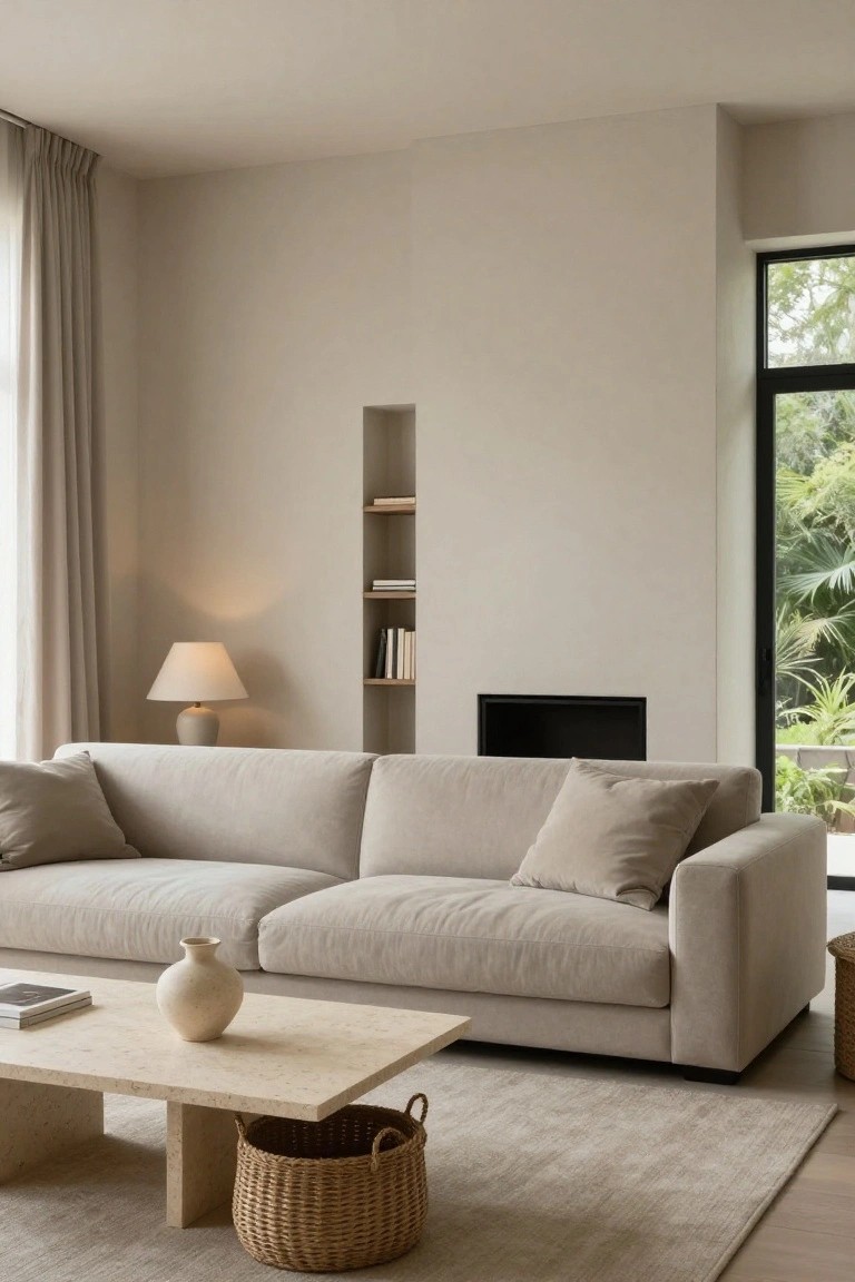 Beige fabric sofa in a light neutral living room with rectangular travertine coffee table holding a book and vase, wicker basket underneath, table lamp on side table, recessed bookshelves, fireplace niche, and large window to garden.