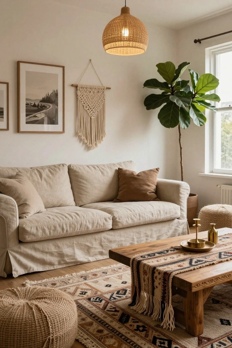 A beige slipcovered two-seater sofa in a white living room with light wood floors, a wooden coffee table holding brass candleholders and a patterned runner, rattan poufs, a large potted fiddle leaf fig plant near a window, macrame wall hanging, and framed black-and-white photos on the wall.