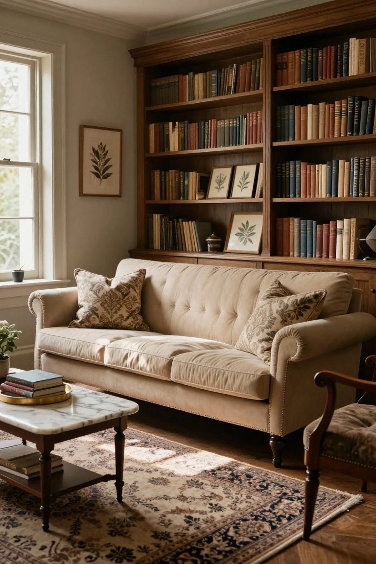 A cream tufted sofa sits in front of tall wooden bookshelves filled with books in a light gray living room with a marble-topped wooden coffee table, patterned rug, armchair, and window with plants.
