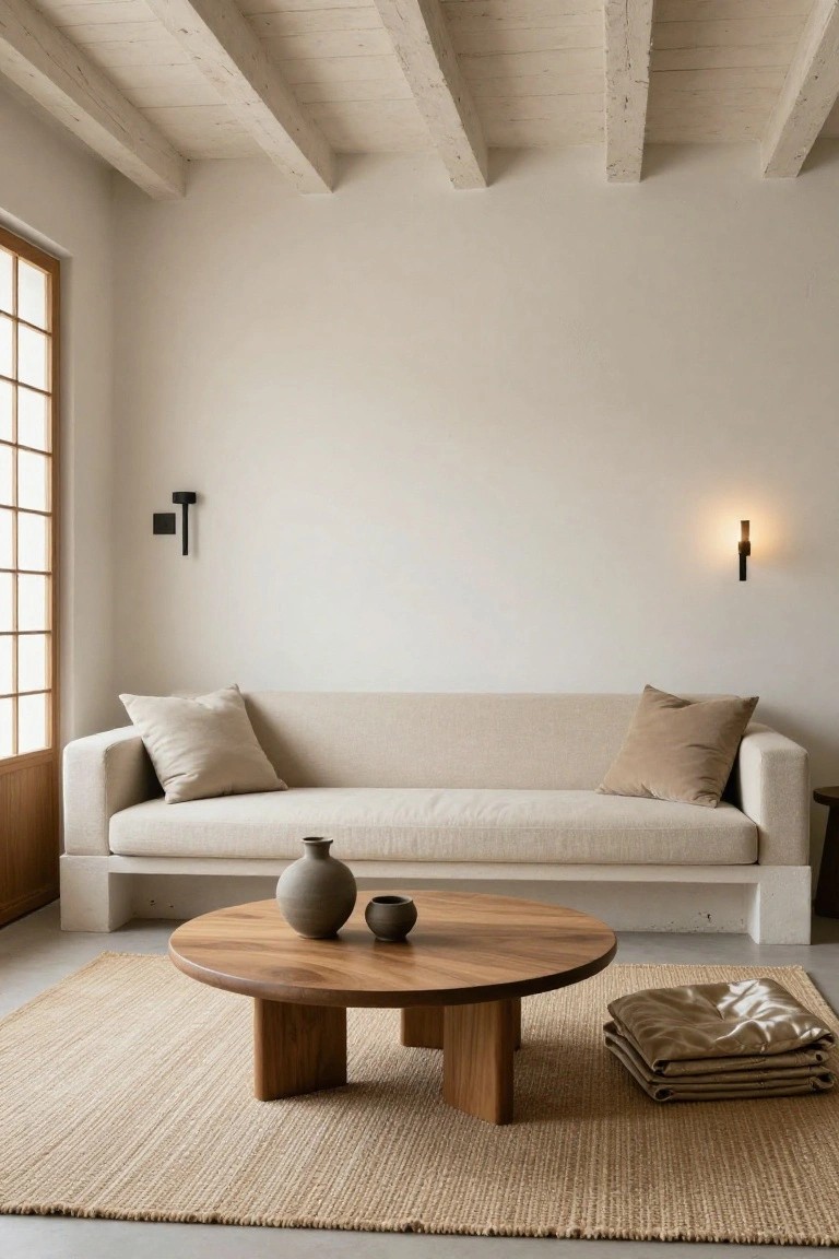 Beige linen sofa on white plinth base in minimalist living room with exposed wood beam ceiling, shoji-style windows, black wall sconces, round wooden coffee table with ceramic vases, seagrass rug, and folded blankets nearby.