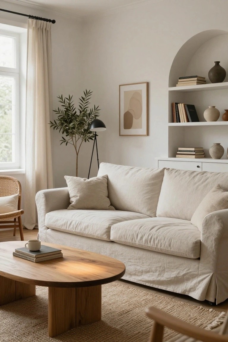 Light living room with cream slipcovered sofa, oval natural wood coffee table topped with books and mug, rattan chair, potted olive tree beside arched floor lamp, white arched shelving niche holding books and ceramic vases, sheer curtains on window, beige seagrass rug.