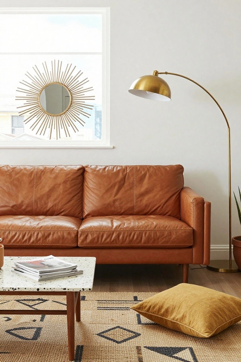 Living room with tan leather sofa, gold arc floor lamp, rattan sunburst mirror above window, speckled coffee table holding magazines, yellow pillow on patterned rug.