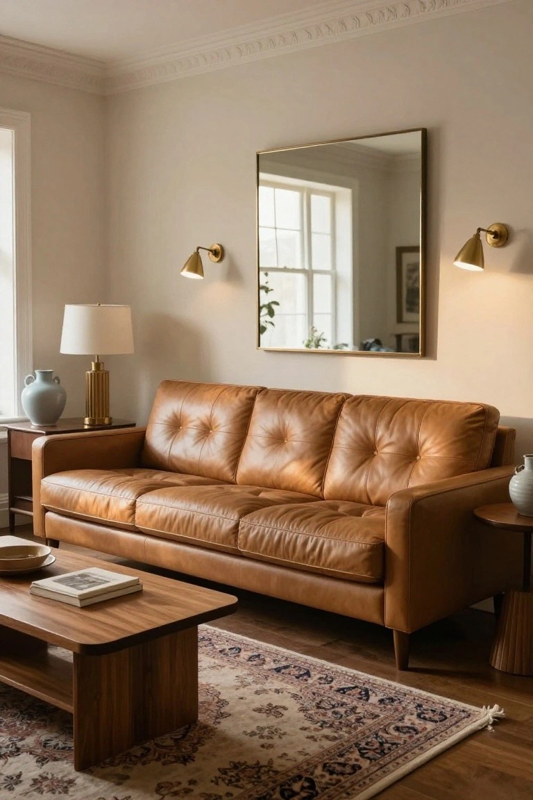 A beige living room with a tan tufted leather sofa, wooden coffee table on a Persian rug, large gold-framed mirror on the wall, gold sconces, and table lamps nearby.