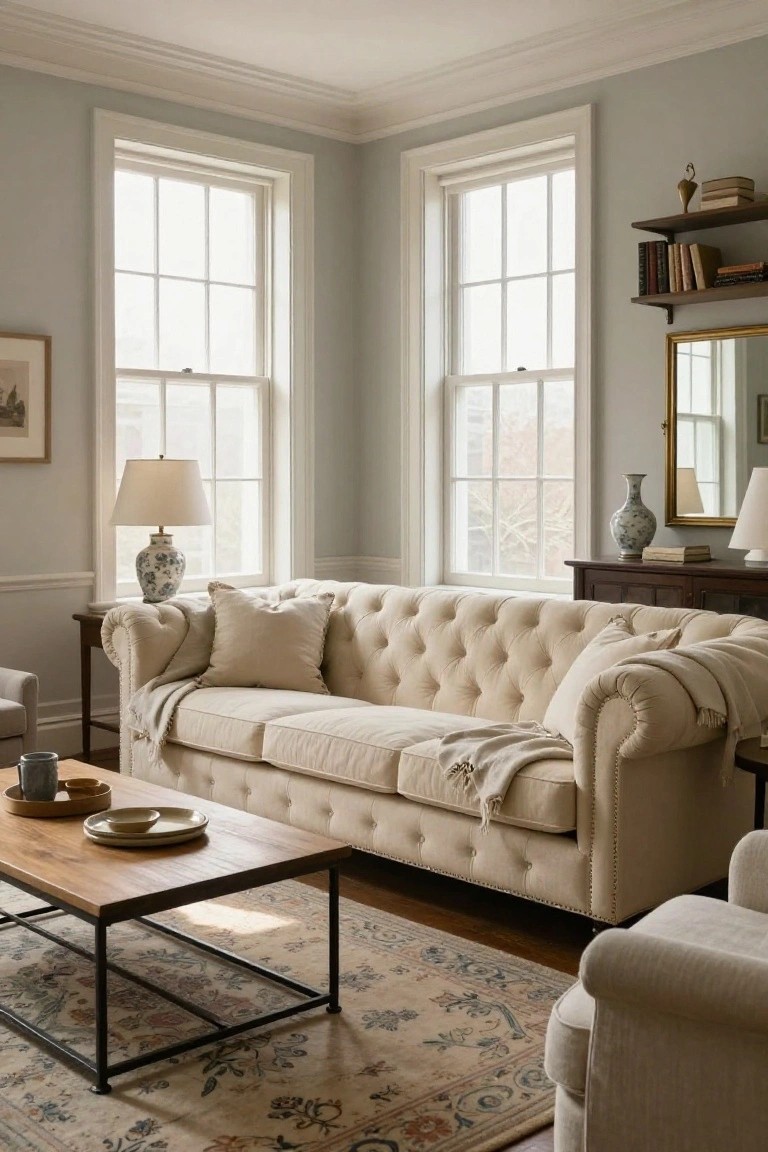Corner of a living room with cream tufted sofa draped in a throw, wood coffee table holding plates and a mug, pale gray walls, large multipane windows, bookshelves, lamps, and a beige Oriental rug.