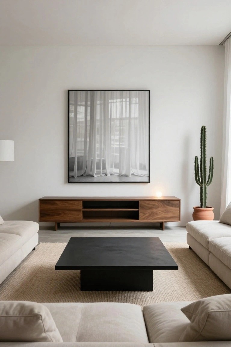 Modern living room featuring two light beige low-profile sofas facing a black square coffee table on a beige seagrass rug, walnut wood TV console, large black-framed photograph of curtains on a white wall, wall lamp, and tall potted cactus in terracotta pot.